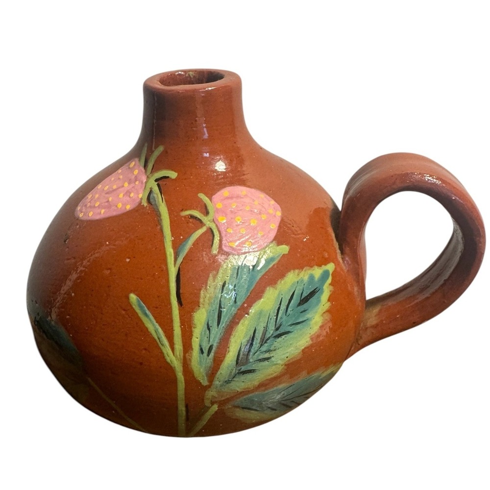 Vintage Ceramic Studio Hand Painted Strawberry Bud Vase 4.75in Signed